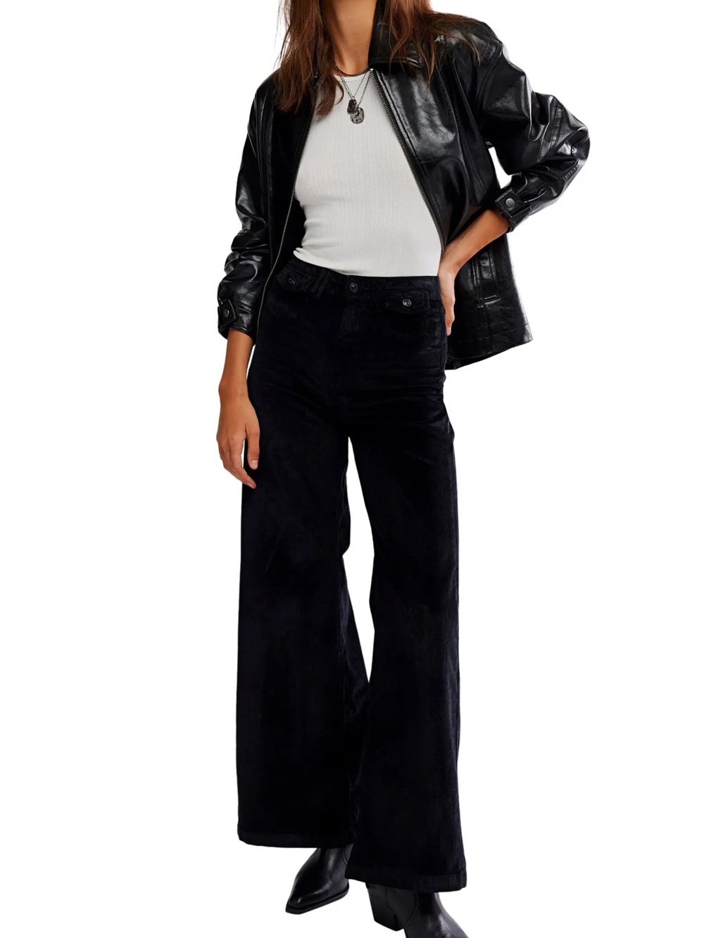 Free People • Kelee High Rise Corduroy Wide Leg Palazzo Black Pant 27